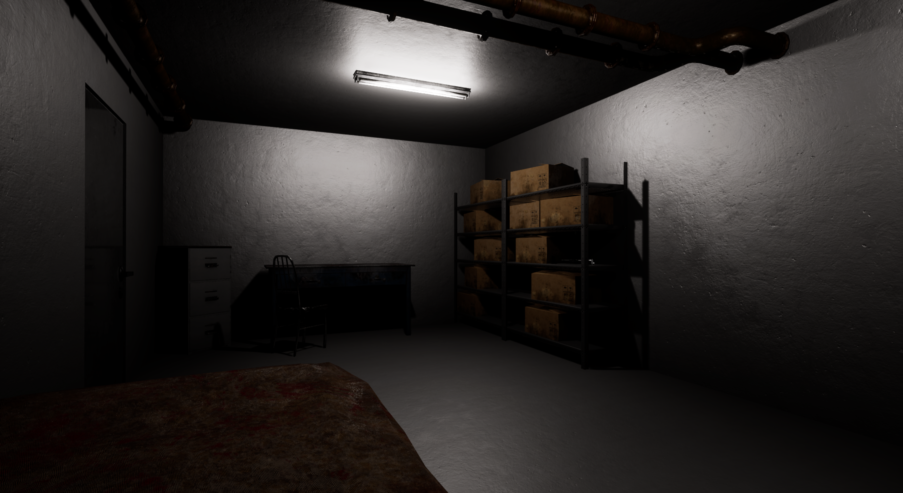 Dilapidated dark basement corridor